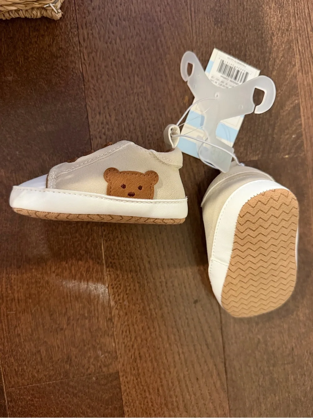 Neutral Beige & Brown Baby Shoes with Bear Detail